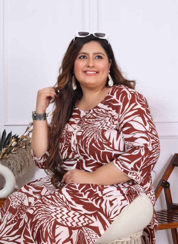 Plus Size Mehroon Cotton Floral Print Embroidered Long Kurta - Image 13