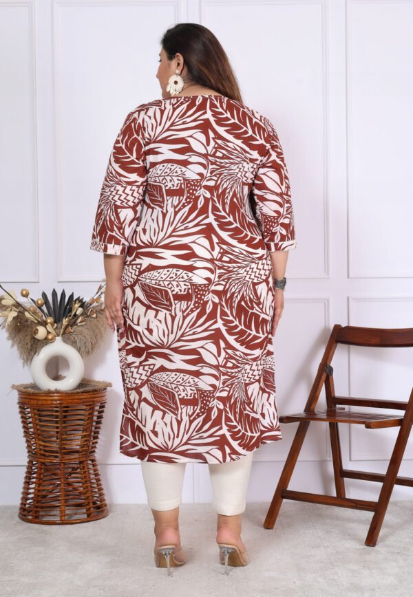 Plus Size Mehroon Cotton Floral Print Embroidered Long Kurta - Image 12