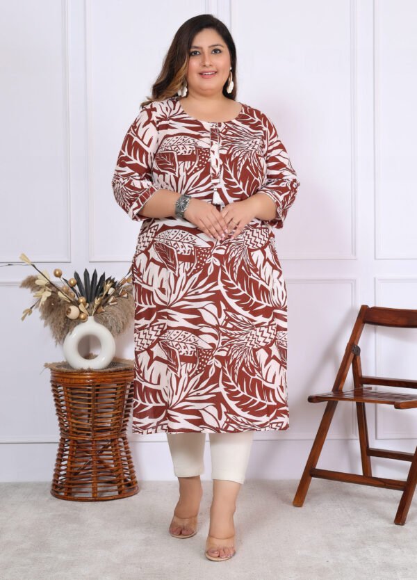Plus Size Mehroon Cotton Floral Print Embroidered Long Kurta - Image 2