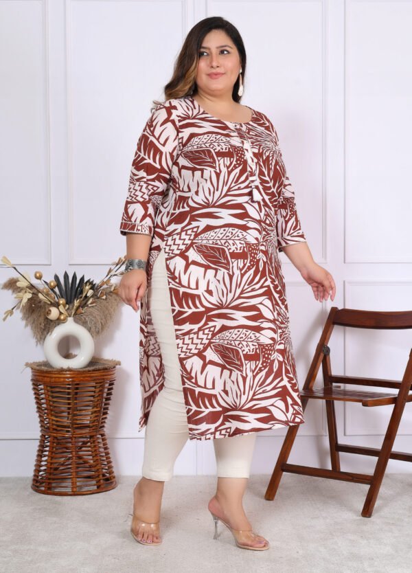Plus Size Mehroon Cotton Floral Print Embroidered Long Kurta - Image 3