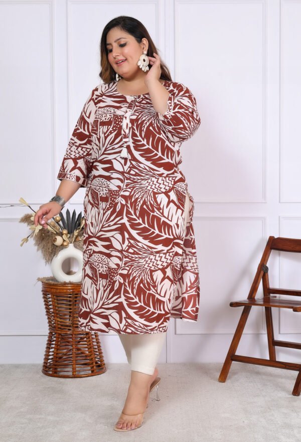 Plus Size Mehroon Cotton Floral Print Embroidered Long Kurta - Image 5