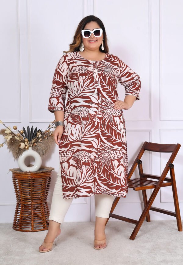 Plus Size Mehroon Cotton Floral Print Embroidered Long Kurta - Image 8