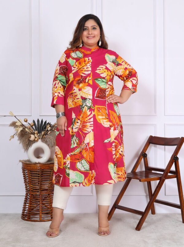 Plus Size Multi Cotton Floral Print Embroidered Long Kurta - Image 2