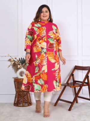 Plus Size Multi Cotton Floral Print Embroidered Long Kurta