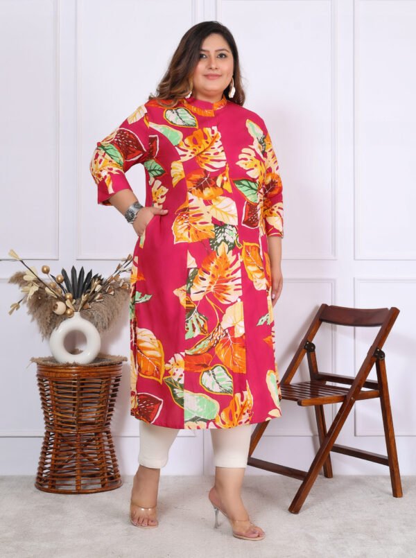 Plus Size Multi Cotton Floral Print Embroidered Long Kurta - Image 3