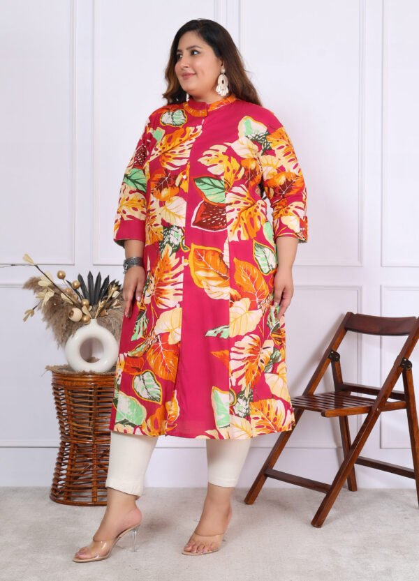 Plus Size Multi Cotton Floral Print Embroidered Long Kurta - Image 4