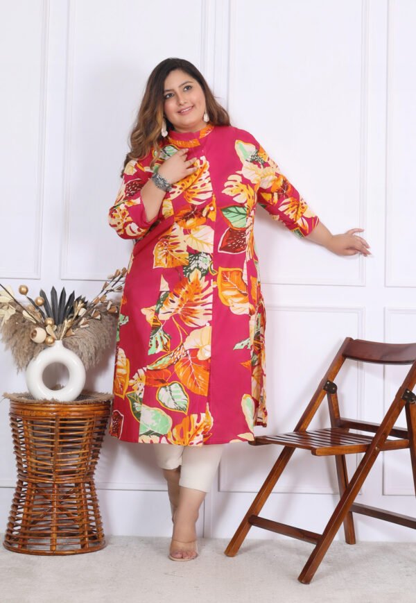 Plus Size Multi Cotton Floral Print Embroidered Long Kurta - Image 5