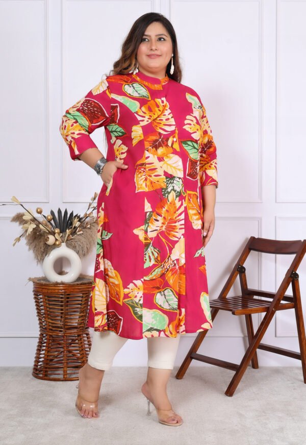 Plus Size Multi Cotton Floral Print Embroidered Long Kurta - Image 10