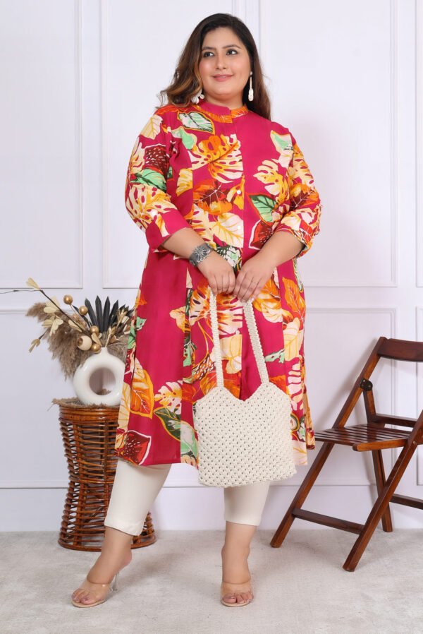 Plus Size Multi Cotton Floral Print Embroidered Long Kurta - Image 11