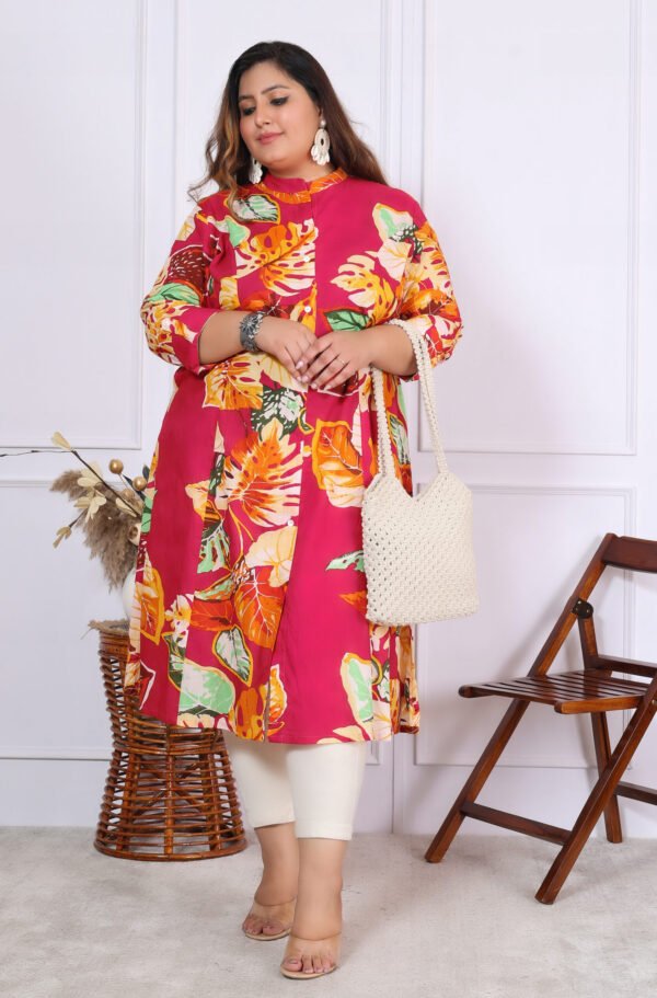 Plus Size Multi Cotton Floral Print Embroidered Long Kurta - Image 12