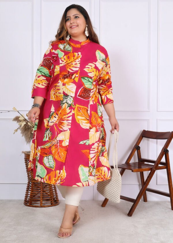 Plus Size Multi Cotton Floral Print Embroidered Long Kurta - Image 13