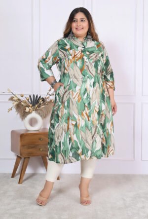 Plus Size Green Cotton Floral Print Embroidered Long Kurta