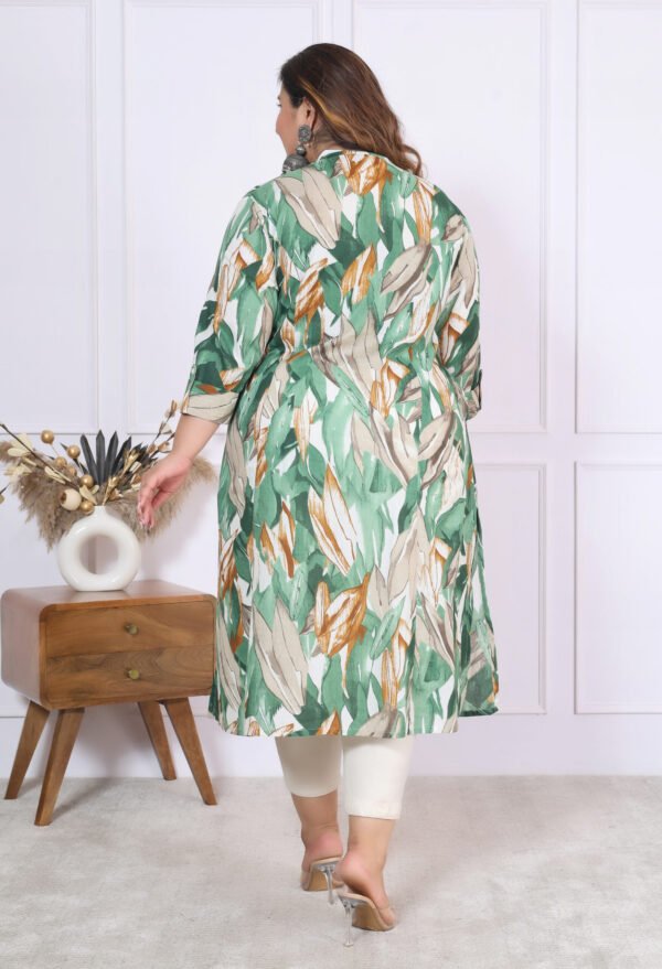 Plus Size Green Cotton Floral Print Embroidered Long Kurta - Image 11