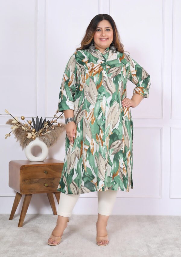 Plus Size Green Cotton Floral Print Embroidered Long Kurta - Image 10