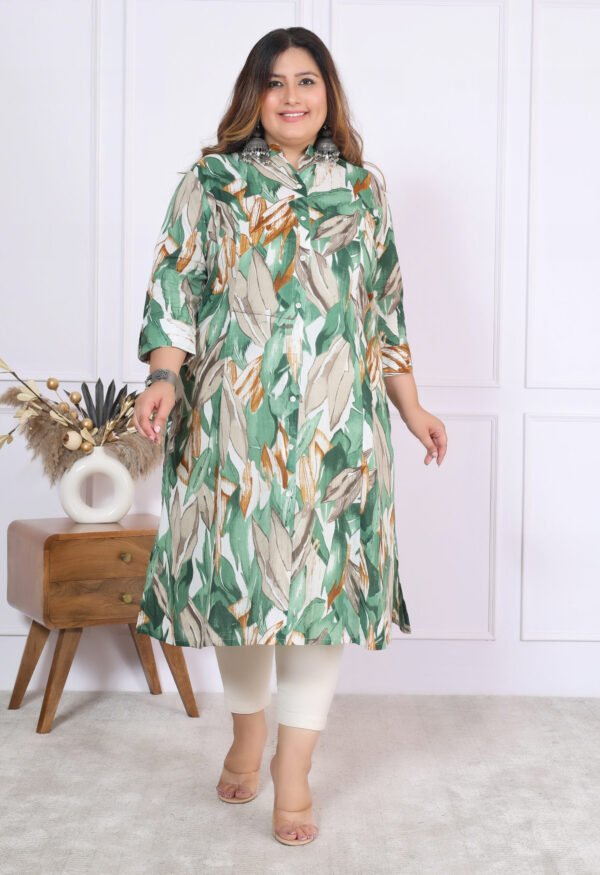 Plus Size Green Cotton Floral Print Embroidered Long Kurta - Image 12