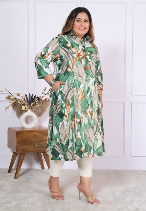 Plus Size Green Cotton Floral Print Embroidered Long Kurta - Image 2