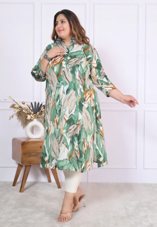 Plus Size Green Cotton Floral Print Embroidered Long Kurta - Image 3