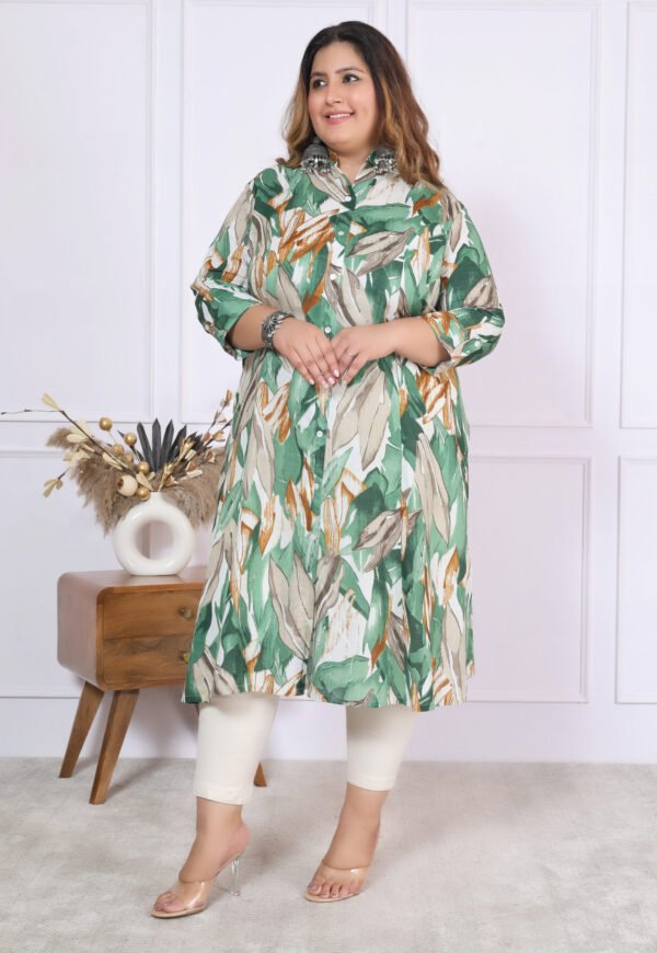 Plus Size Green Cotton Floral Print Embroidered Long Kurta - Image 4
