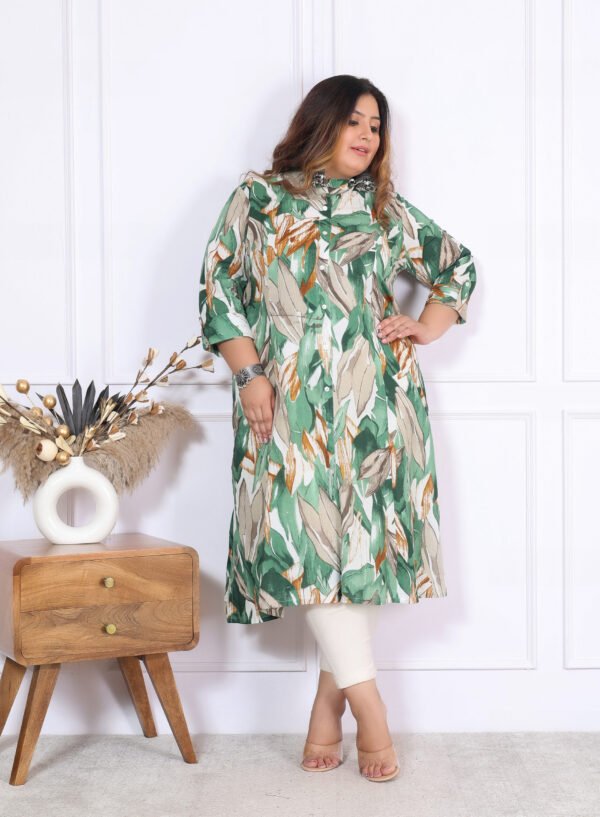 Plus Size Green Cotton Floral Print Embroidered Long Kurta - Image 5
