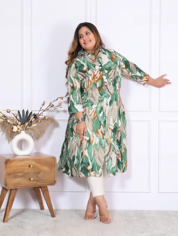 Plus Size Green Cotton Floral Print Embroidered Long Kurta - Image 6