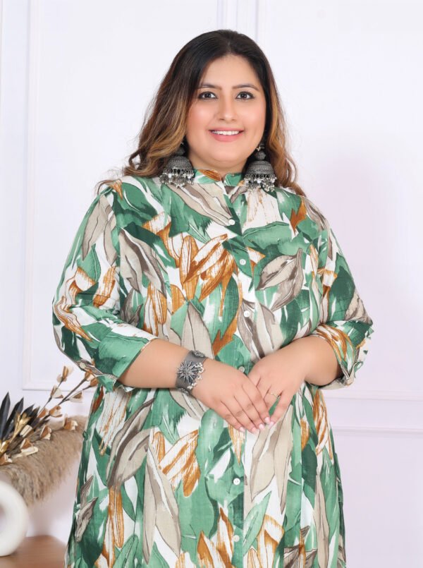 Plus Size Green Cotton Floral Print Embroidered Long Kurta - Image 7
