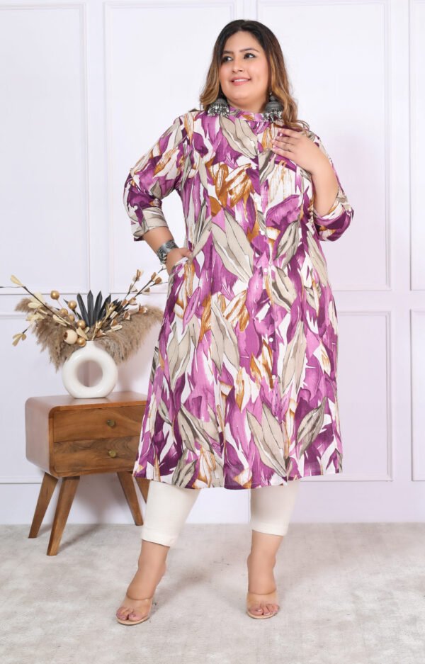 Plus Size Lavender Cotton Leheriya Print Embroidered Long Kurta - Image 2