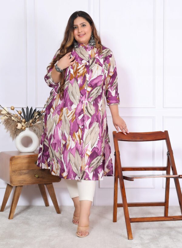 Plus Size Lavender Cotton Leheriya Print Embroidered Long Kurta - Image 12