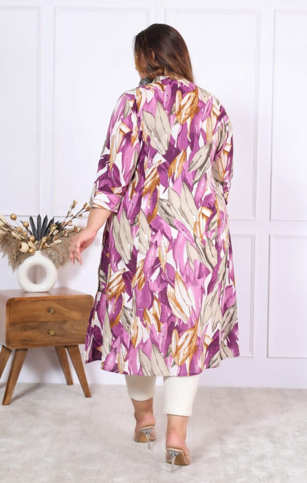 Plus Size Lavender Cotton Leheriya Print Embroidered Long Kurta - Image 13