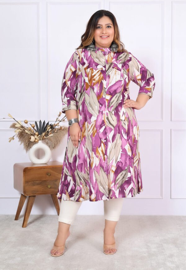 Plus Size Lavender Cotton Leheriya Print Embroidered Long Kurta - Image 14