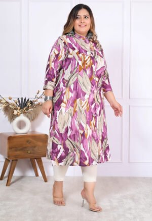 Plus Size Lavender Cotton Leheriya Print Embroidered Long Kurta