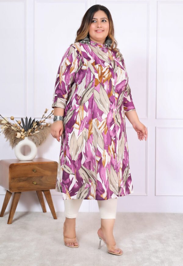 Plus Size Lavender Cotton Leheriya Print Embroidered Long Kurta
