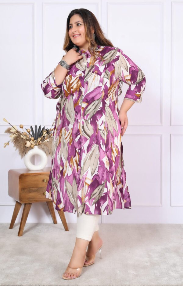 Plus Size Lavender Cotton Leheriya Print Embroidered Long Kurta - Image 4