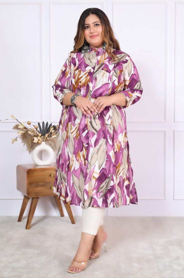 Plus Size Lavender Cotton Leheriya Print Embroidered Long Kurta - Image 5