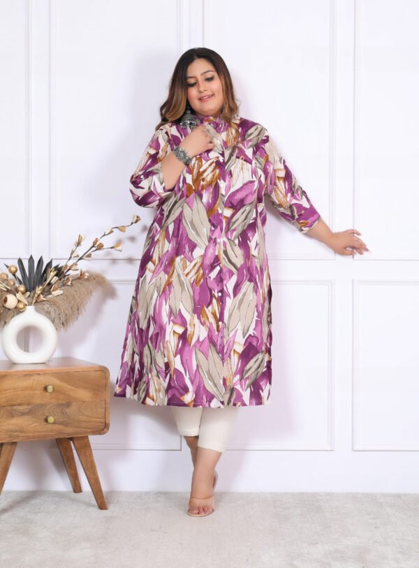 Plus Size Lavender Cotton Leheriya Print Embroidered Long Kurta - Image 6