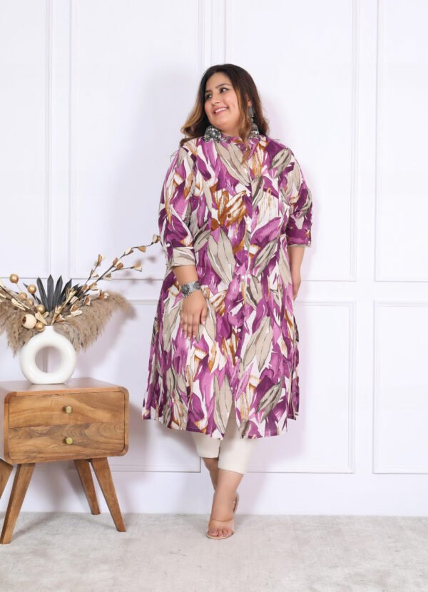 Plus Size Lavender Cotton Leheriya Print Embroidered Long Kurta - Image 7