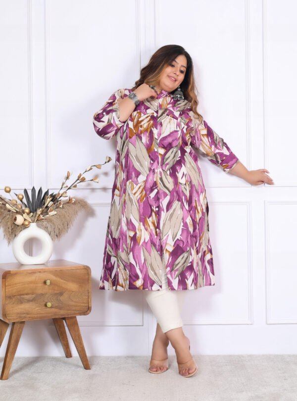 Plus Size Lavender Cotton Leheriya Print Embroidered Long Kurta - Image 9