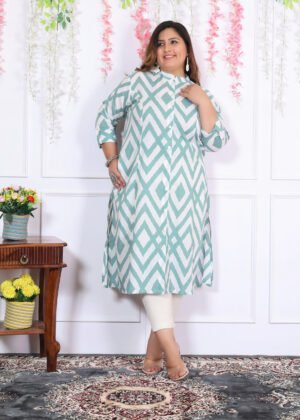Plus Size Blue Cotton Floral Print Embroidered Long Kurta