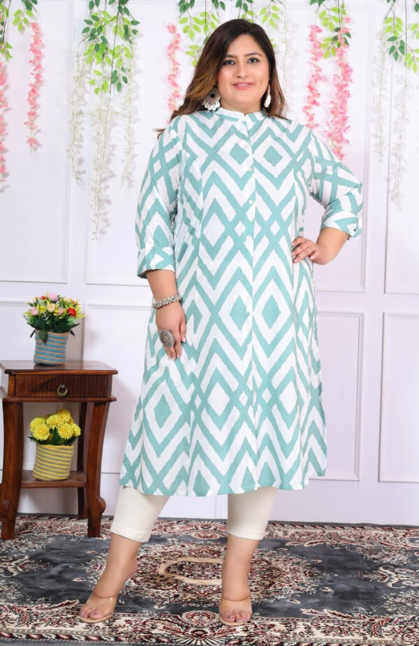 Plus Size Blue Cotton Floral Print Embroidered Long Kurta - Image 9