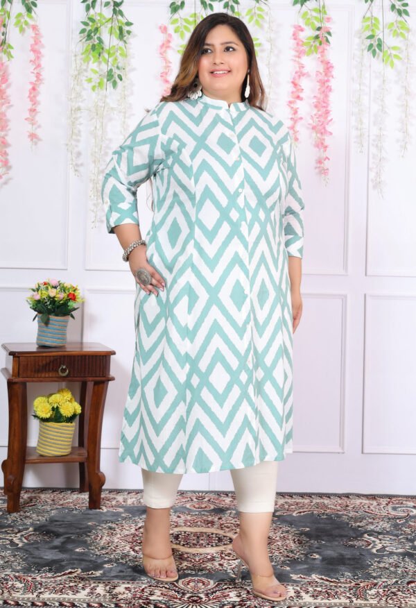 Plus Size Blue Cotton Floral Print Embroidered Long Kurta - Image 8