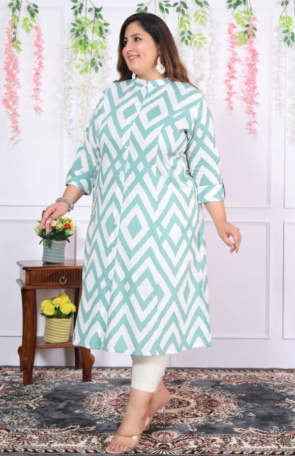 Plus Size Blue Cotton Floral Print Embroidered Long Kurta - Image 7