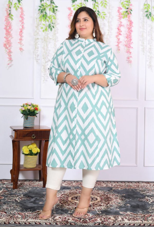 Plus Size Blue Cotton Floral Print Embroidered Long Kurta - Image 6