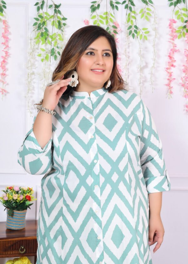 Plus Size Blue Cotton Floral Print Embroidered Long Kurta - Image 5
