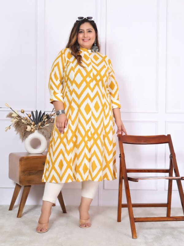 Plus Size Yellow Cotton Floral Print Embroidered Long Kurta - Image 12