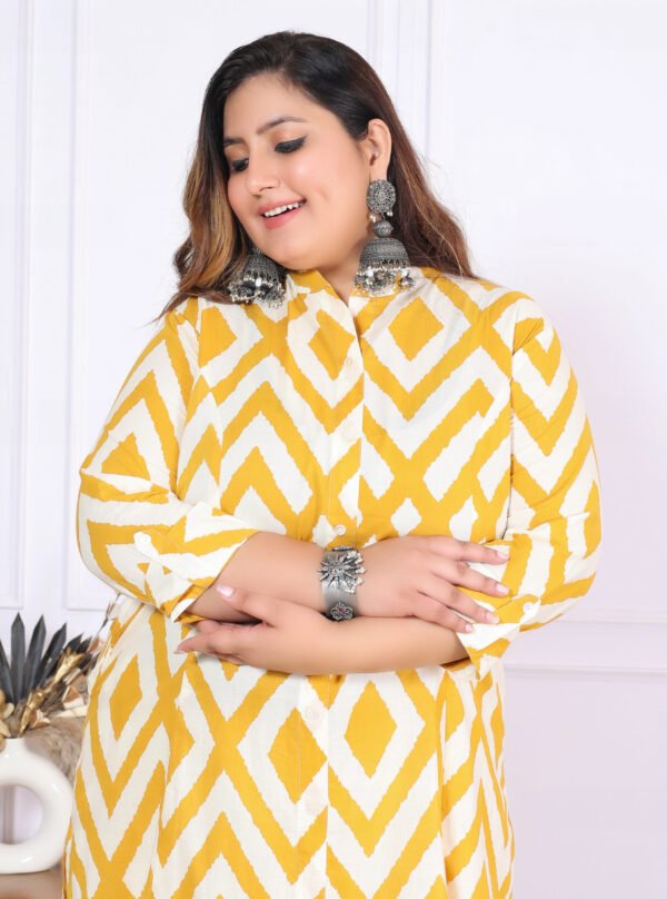 Plus Size Yellow Cotton Floral Print Embroidered Long Kurta - Image 7