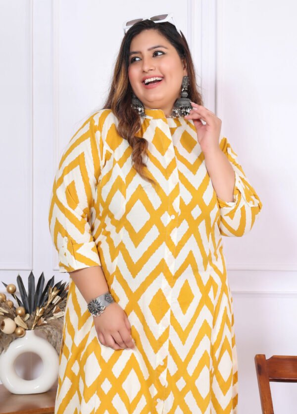 Plus Size Yellow Cotton Floral Print Embroidered Long Kurta - Image 4