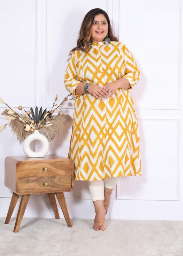 Plus Size Yellow Cotton Floral Print Embroidered Long Kurta - Image 3