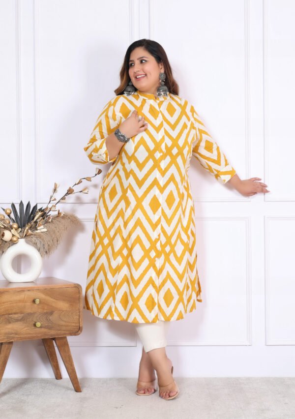Plus Size Yellow Cotton Floral Print Embroidered Long Kurta - Image 2