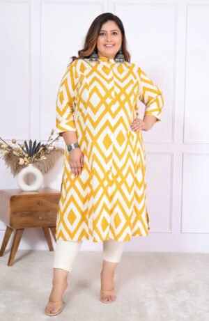 Plus Size Yellow Cotton Floral Print Embroidered Long Kurta