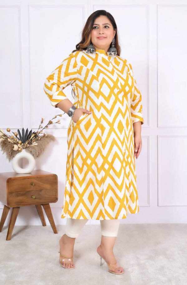 Plus Size Yellow Cotton Floral Print Embroidered Long Kurta - Image 11