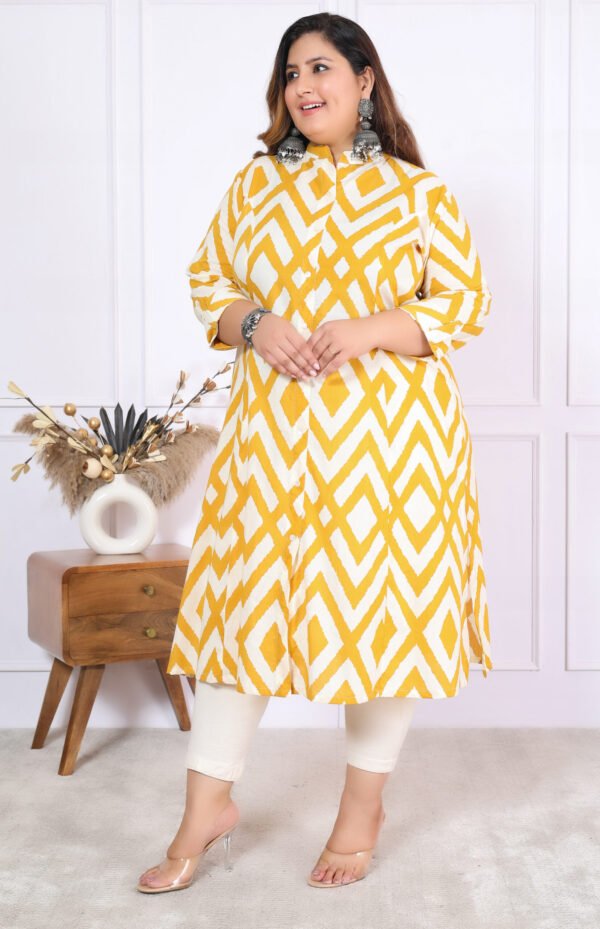 Plus Size Yellow Cotton Floral Print Embroidered Long Kurta - Image 10